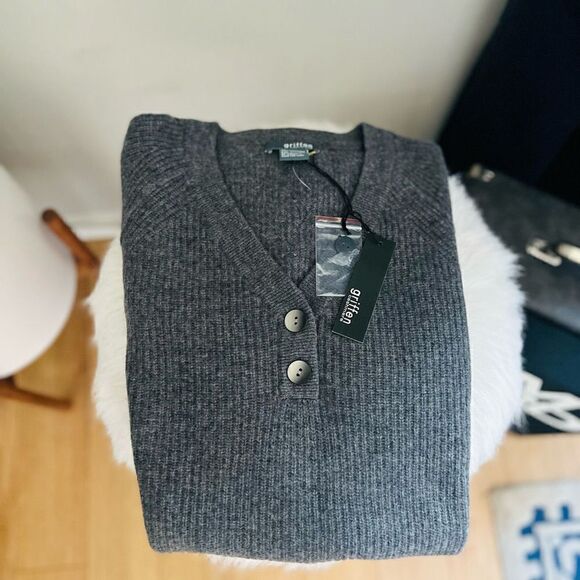GRIFFEN Cashmere Ribbed Knit Cashmere Raglan Henley Sweater Top, Gray, Large NWT - Picture 5 of 10